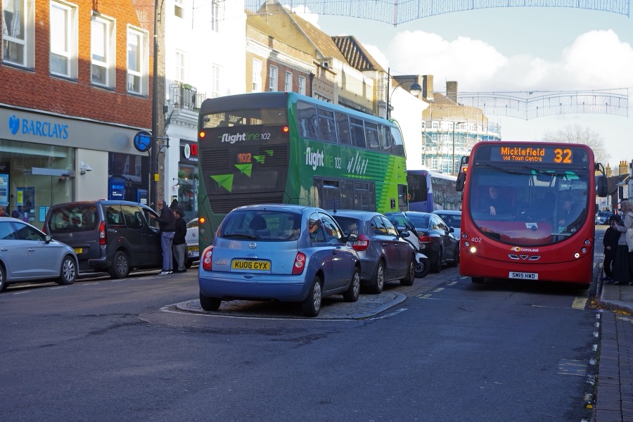 High Wycombe high street with local traffic and businesses