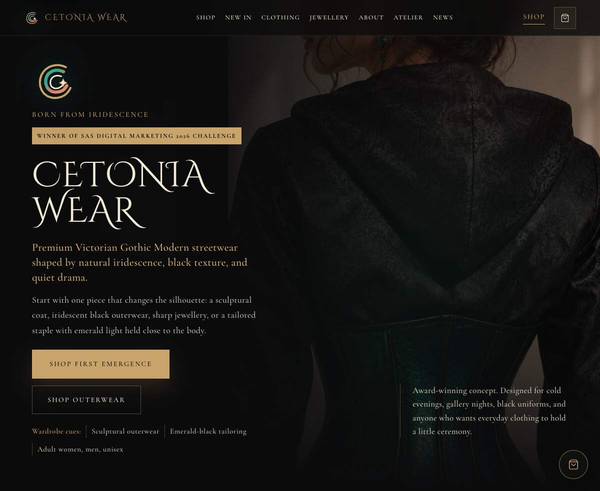 Cetonia Wear website, showing its fashion collection and brand identity